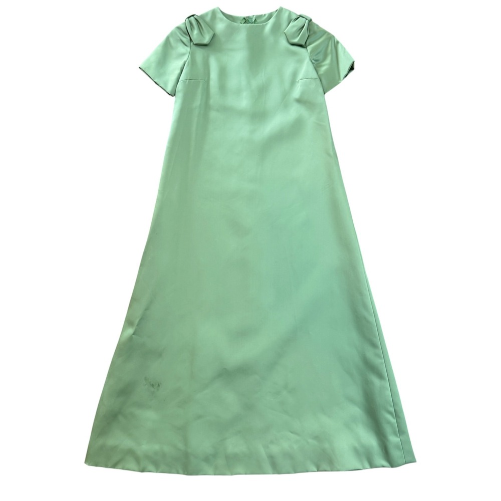 Vintage 1960s Chartreuse Green Maxi Dress Bow Shoulders Mod Gown XS Green Satin